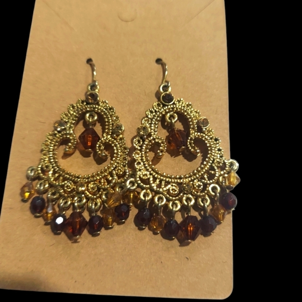 Vintage Amber Brown Goldtone Beaded Chandelier Dangle Earrings